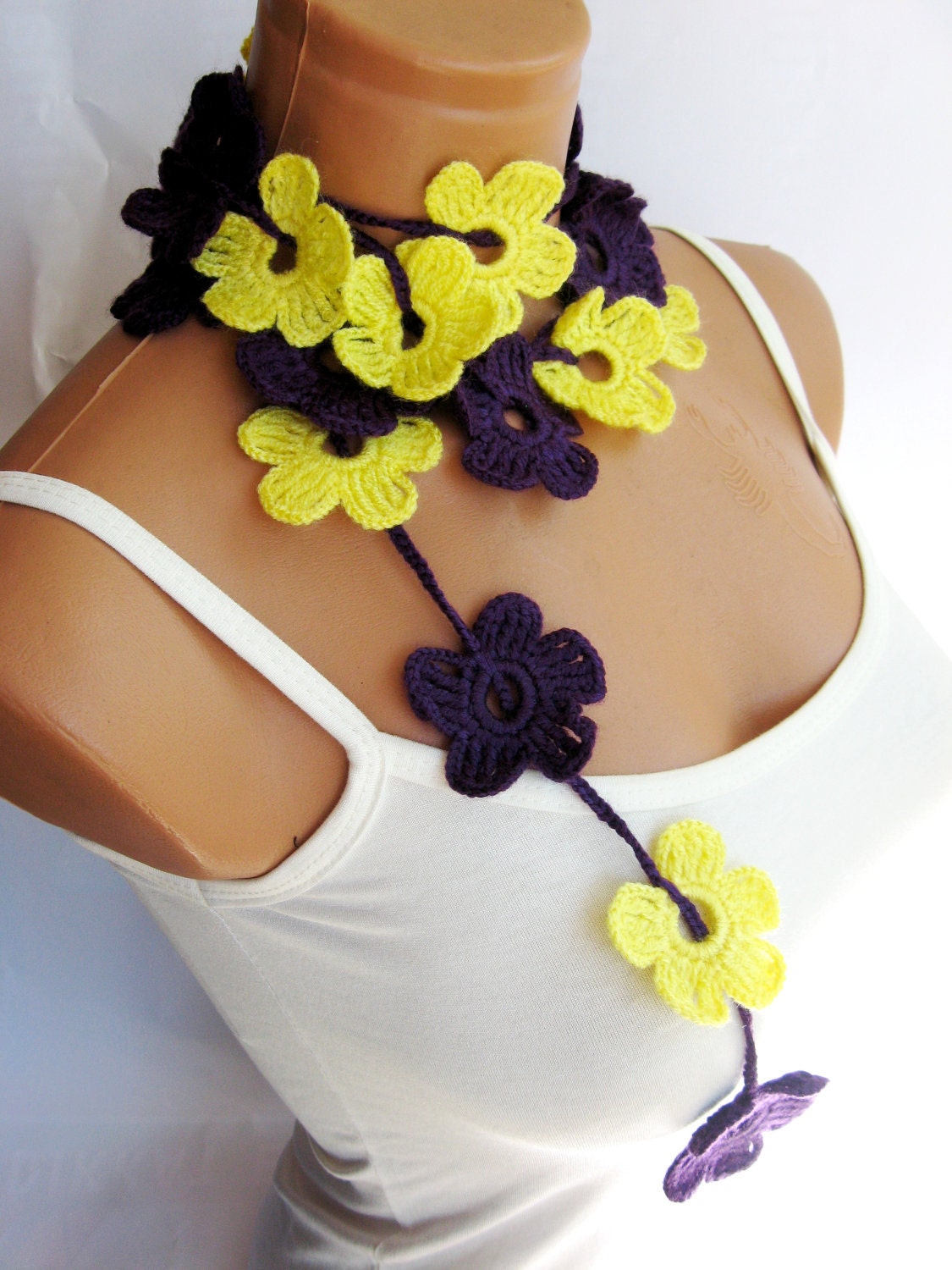 Purple, Yellow, crochet Flower Lariat Scarf. Fashion Flower Scarves, Necklace...