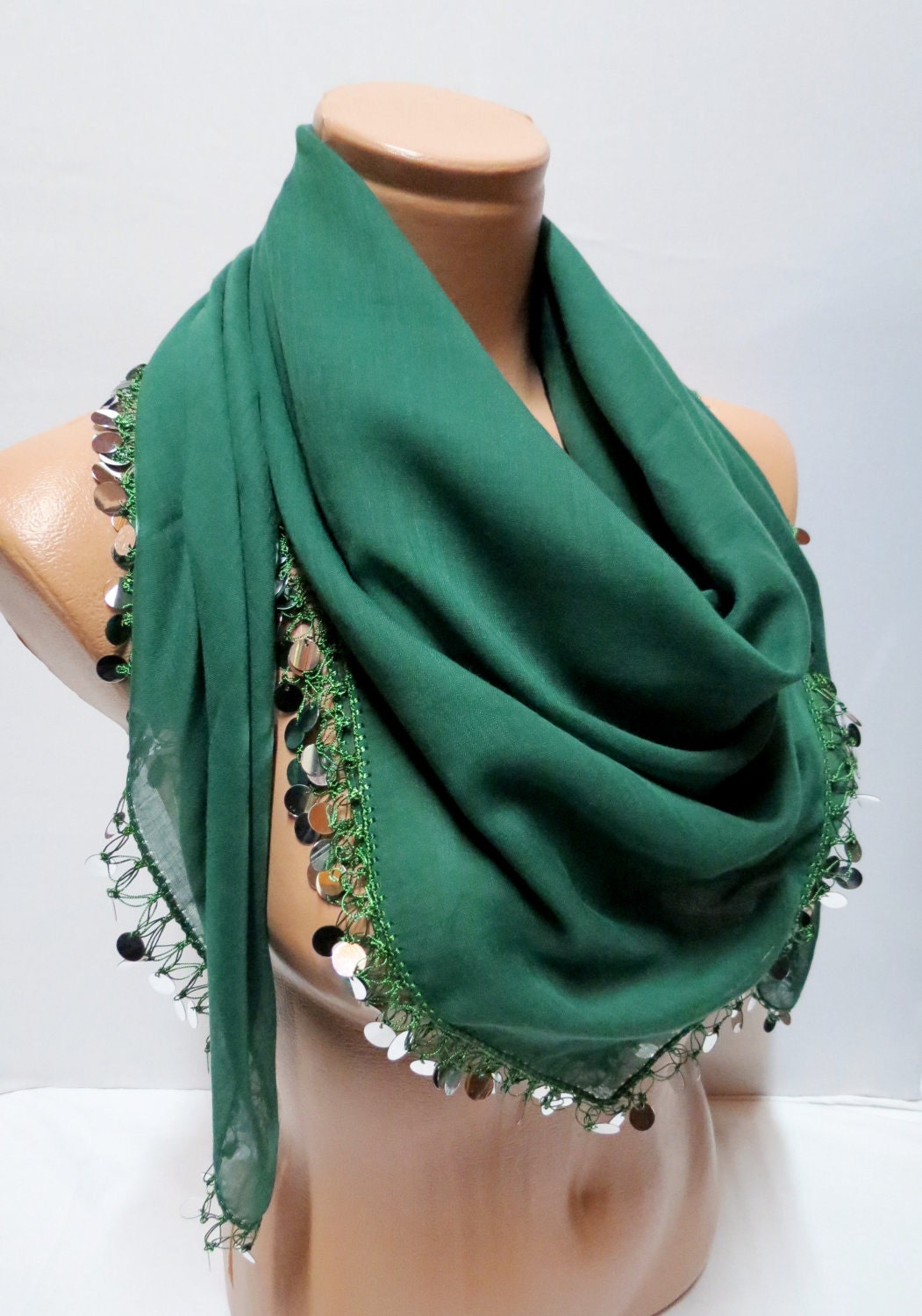 Bright sequined emerald green scarf, 2012 summer trends, cotton fabric scarf, Turkish cheesecloth, yemeni scarf, authentic, romantic,