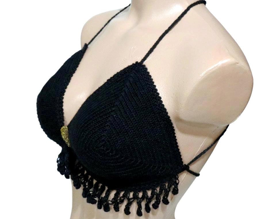 Hand made crochet lingerie black bra, Knitting underwear, swimwear, special for the night.