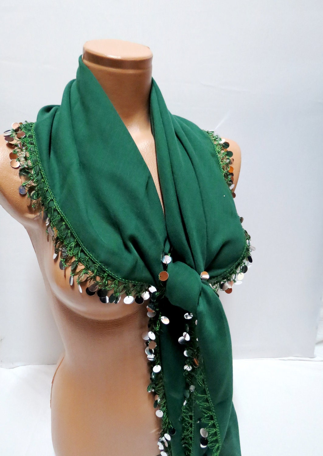Bright sequined emerald green scarf, 2012 summer trends, cotton fabric scarf, Turkish cheesecloth, yemeni scarf, authentic, romantic,