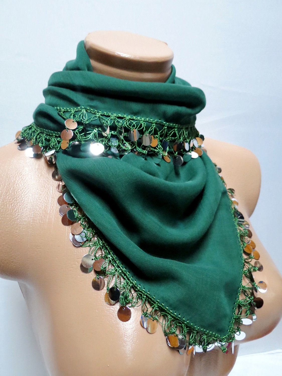 Bright sequined emerald green scarf, 2012 summer trends, cotton fabric scarf, Turkish cheesecloth, yemeni scarf, authentic, romantic,
