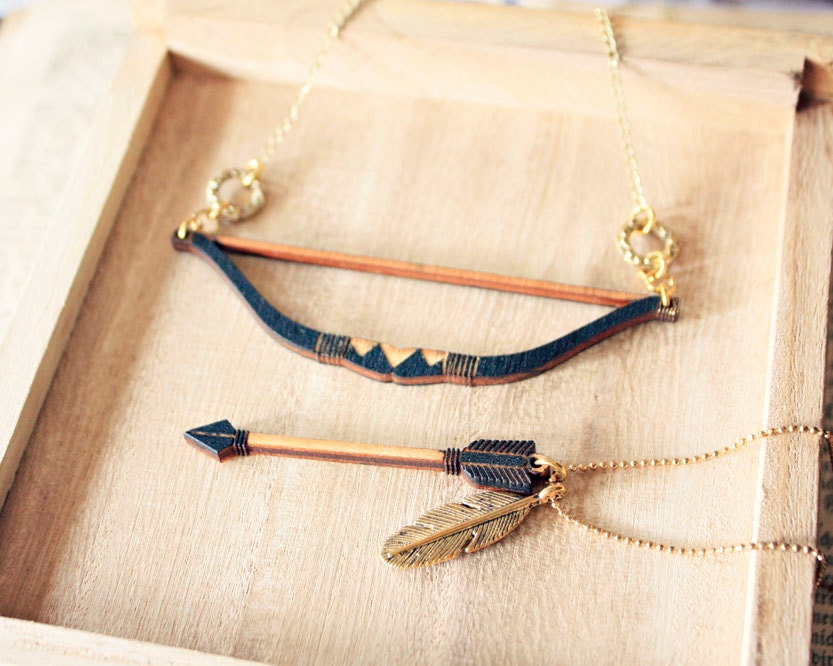 Bow and Arrow Tribal Feather Necklace - layered necklace set of 2