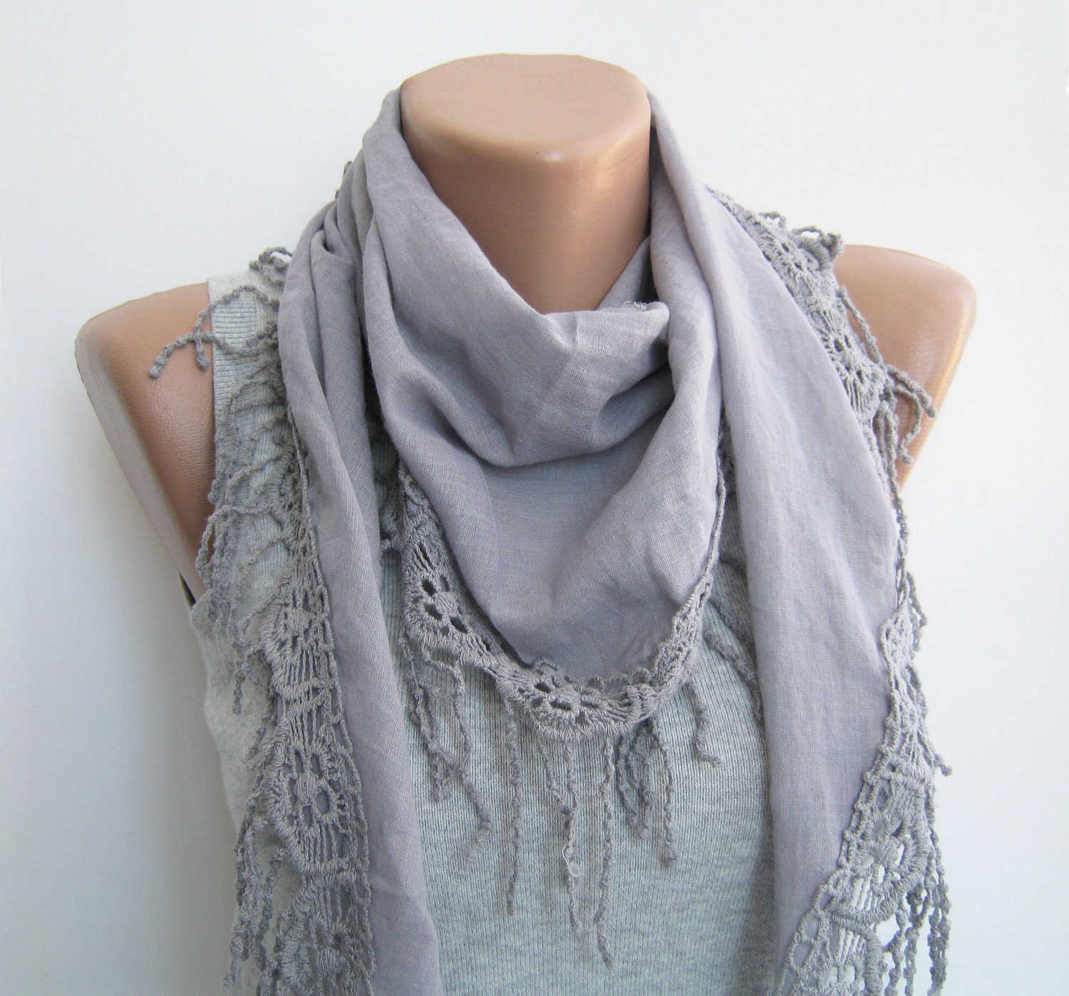 Summer scarf- Gray cotton lace scarf, spring scarf