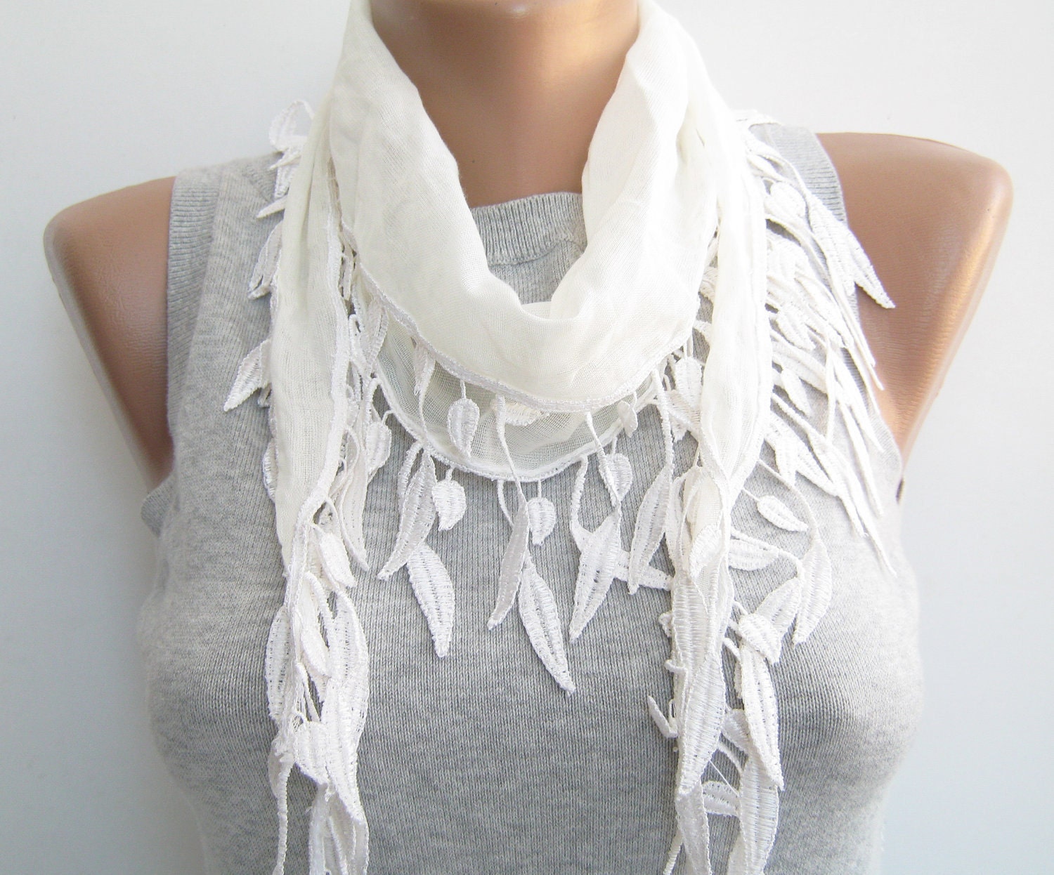 Ivory cotton leaves lace scarf, spring, summer scarf