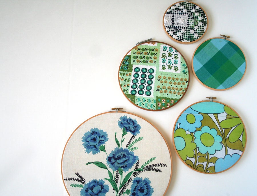 embroidery hoop wall art hanging set of (5): instant collection gallery entirely vintage blue, teal, aqua, green