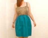 Leopard Print Sun Dress: teal skirt, scallop hem, upcycled vintage singlet, plus size dress