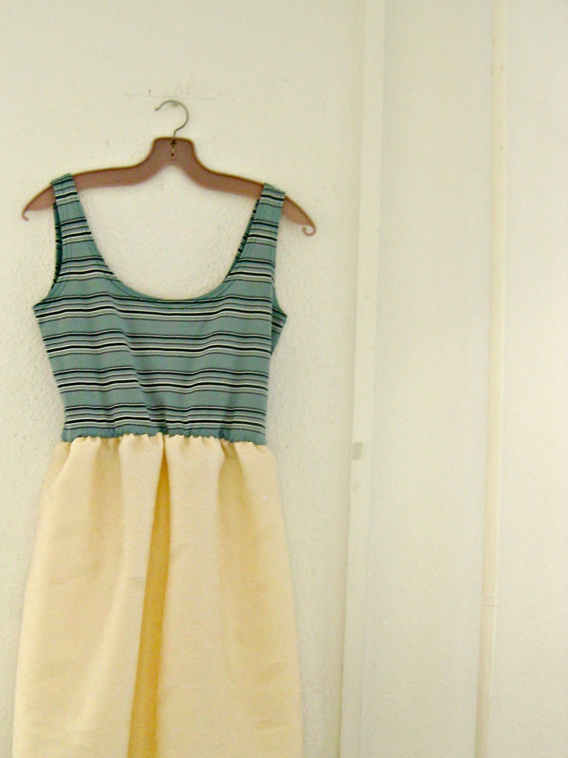 Teal & Cream Stripe Scallop Sun Dress: scallop skirt, scallop hem, upcycled vintage singlet, ready to ship size M