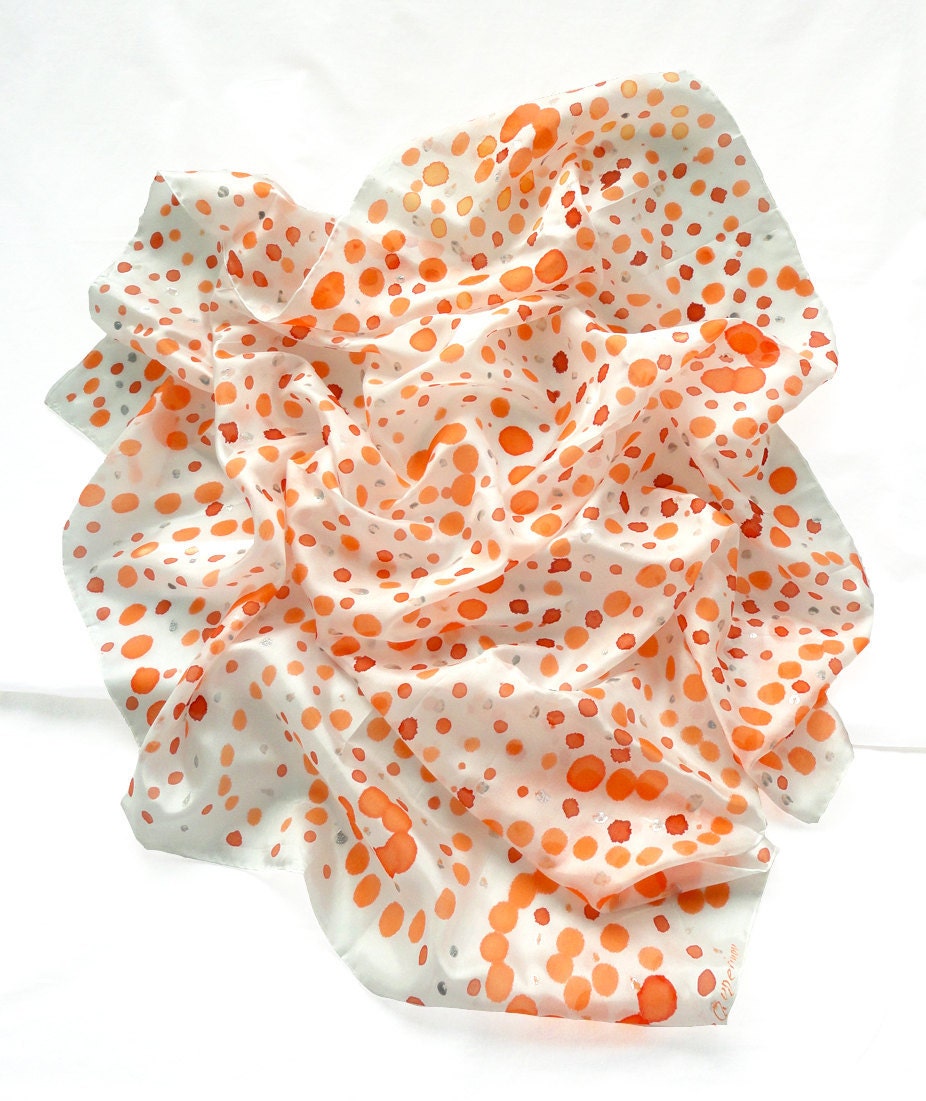 POLKA PEACH. Hand Painted square Silk Scarf. Orange, Coral, Silver Silk Shawl. Polka Dots Fashion. 35,4x35,4 in. (90x90cm). Ready to Ship.
