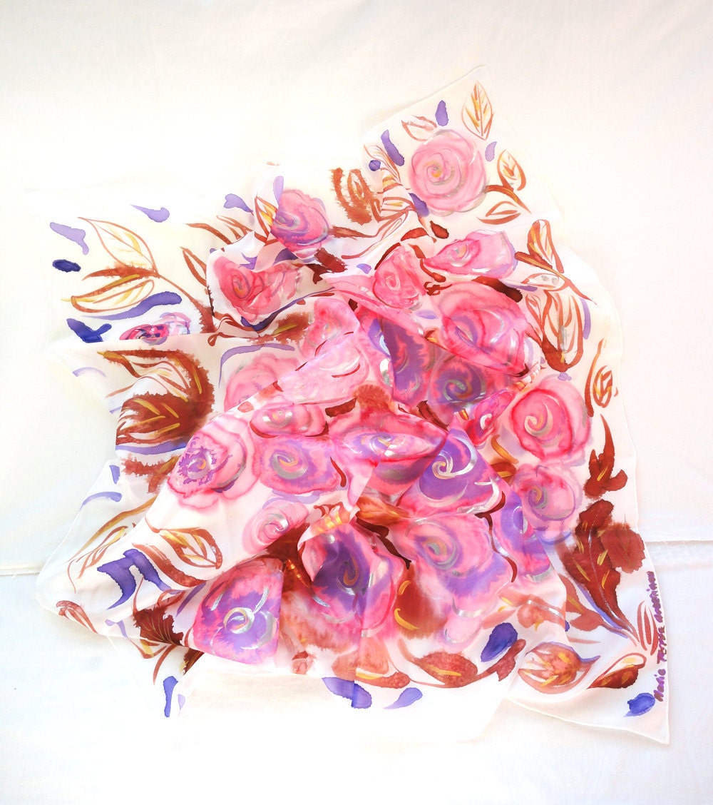 Pink Silk Scarf. Hand Painted square Silk Scarf. Purple, Brown, Silver Shawl. Roses Silk Scarf. 35x35 in. (90x90cm). Ready to Ship.