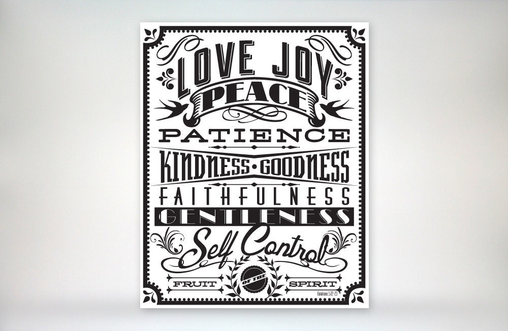 8x10 art print - Fruit of the Spirit - Black and White Typography Poster Print - Galatians Scripture Bible Verse