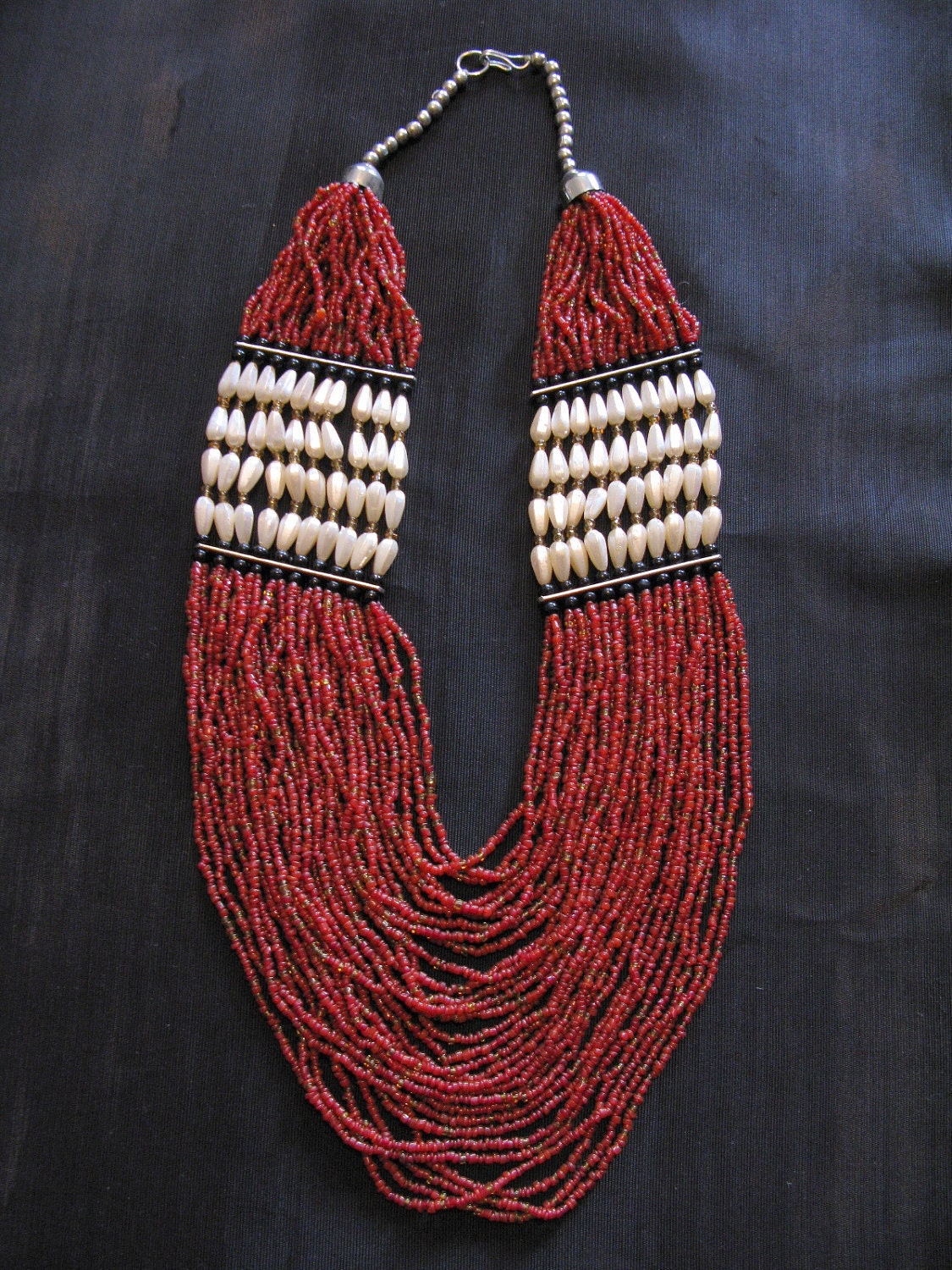 Indian Necklace - Beaded Native American Glass Beads - Tribal Ethnic Boho Bib Multi Strand