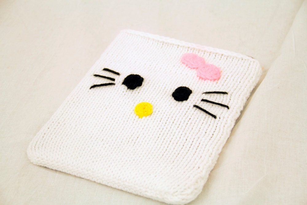 Hello Kitty Ipad Sleeve with Pink Bow, White Knit and Crochet Tablet Cover