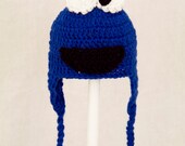 Cookie Monster Earflap Hat from Sesame Street, Blue Crochet Beanie,  send size choice baby - adult