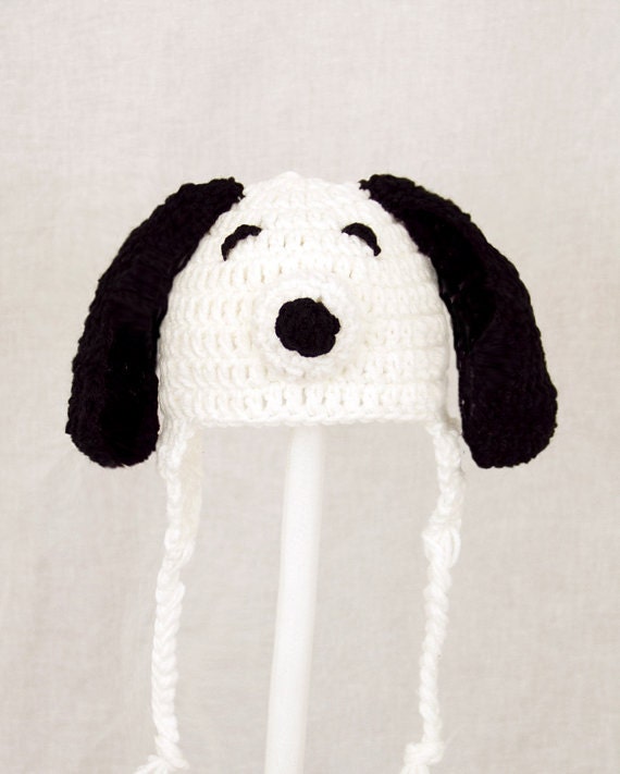 Snoopy Dog Earflap Hat from Peanuts, White Crochet Beanie, send size choice baby - adult