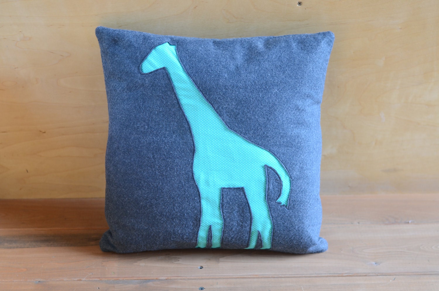 Wool Felt Throw Pillow Cover  - - Grey & Turquoise Tiny Dot Giraffe Print- - 14x14.