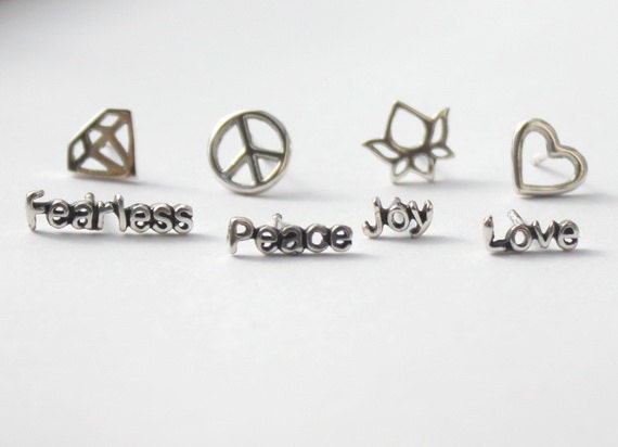 Mix n' Match Earrings - words and symbols -Love, Joy, Peace and Fearless - Lotus, Heart and Diamond