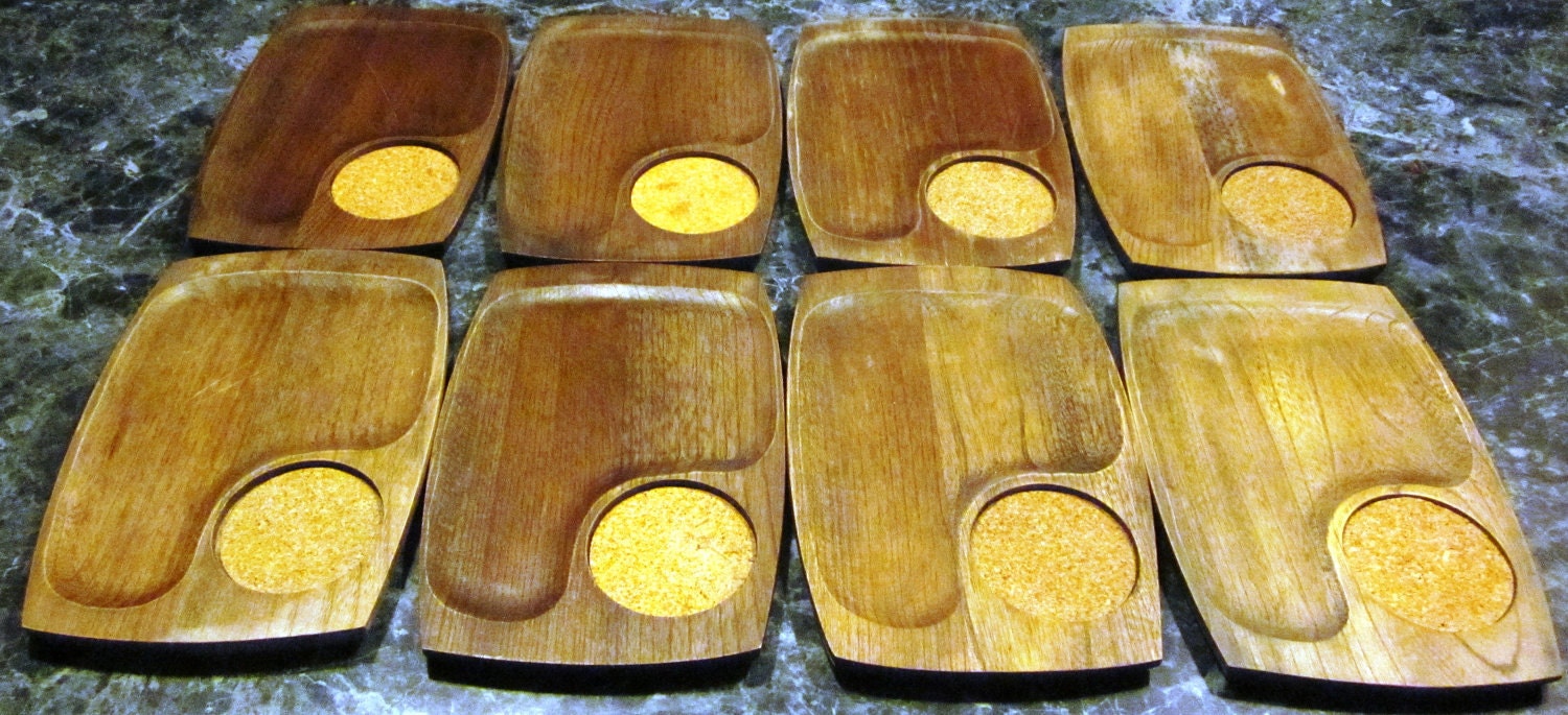 1970s Set of 8 Walnut Wood Snack Coaster Trays