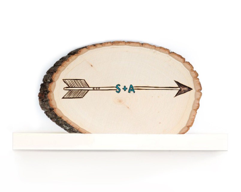 unique OOAK wedding personalized gift / arrow minimalist / rustic / tree bark / tree slice - JumpOffThePage