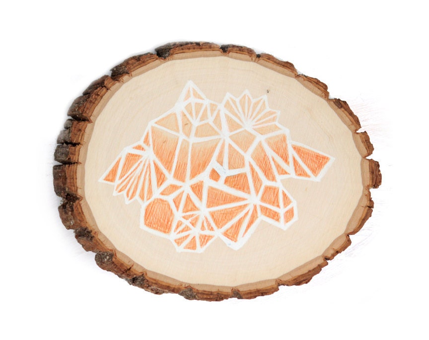 faceted Mountain abstract / Ombré / geometric / rustic modern wall art / tree bark orange peach