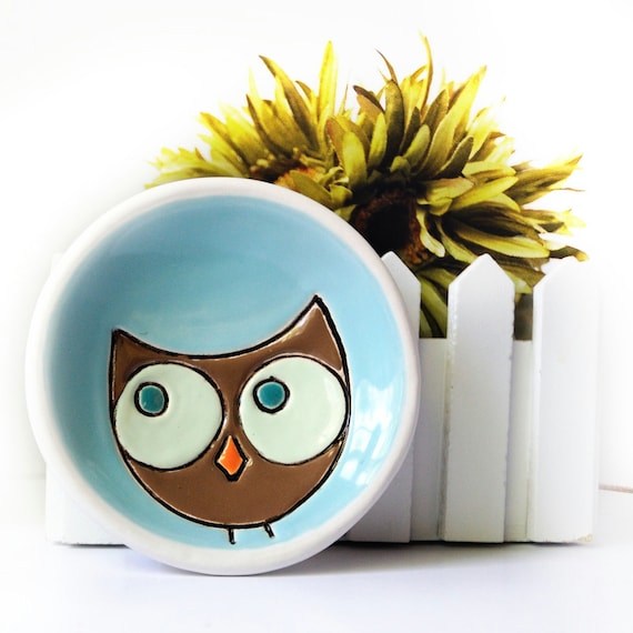 Ceramic Owl Plate Dish in Turquoise Brown and Green with Orange Beak Trinket Ring Holder