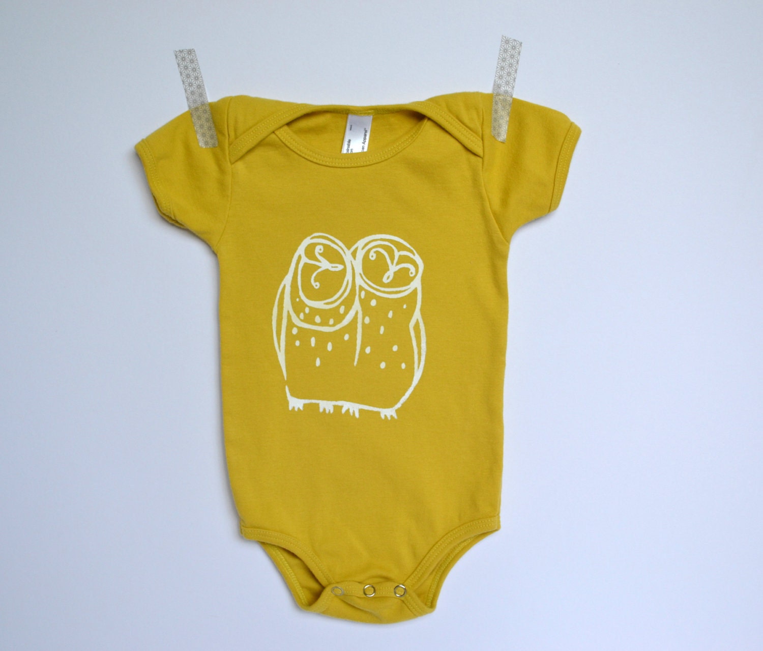 Organic Cotton Onesie Bodysuit Hand Printed with Owl Design - Americal Apparel - Dijon and White
