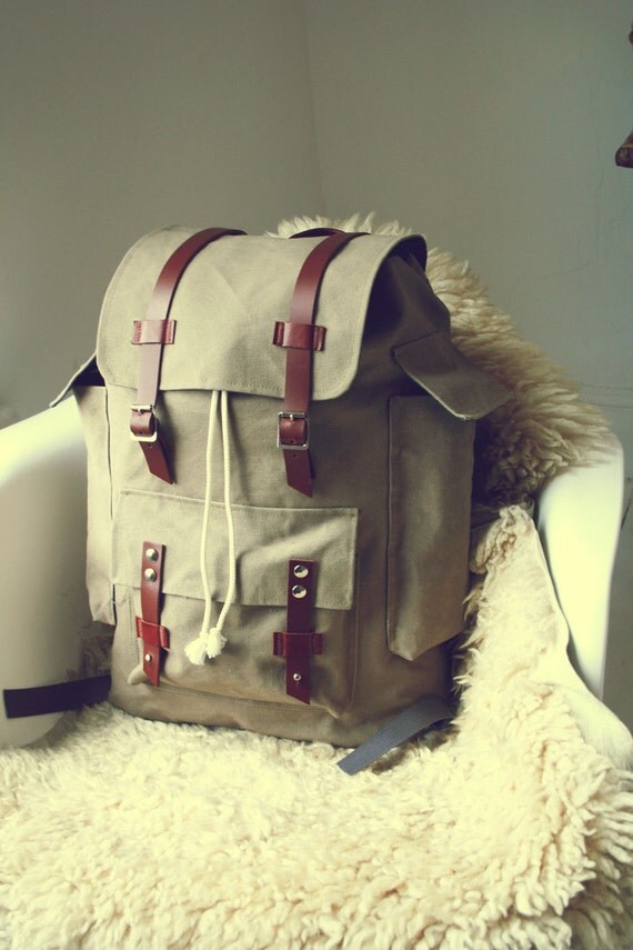 The Atlas Backpack - Sand Colored Canvas with Leather Straps and Metal Buckles