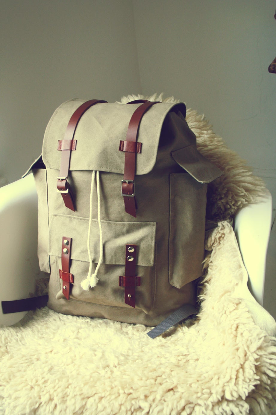 The Atlas Backpack - Sand Colored Canvas with Leather Straps and Metal Buckles