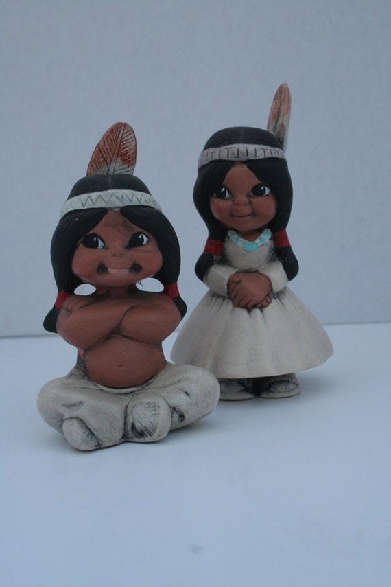 Native American Indian Figurine Set Thanksgiving Vintage Girl Boy Ceramic