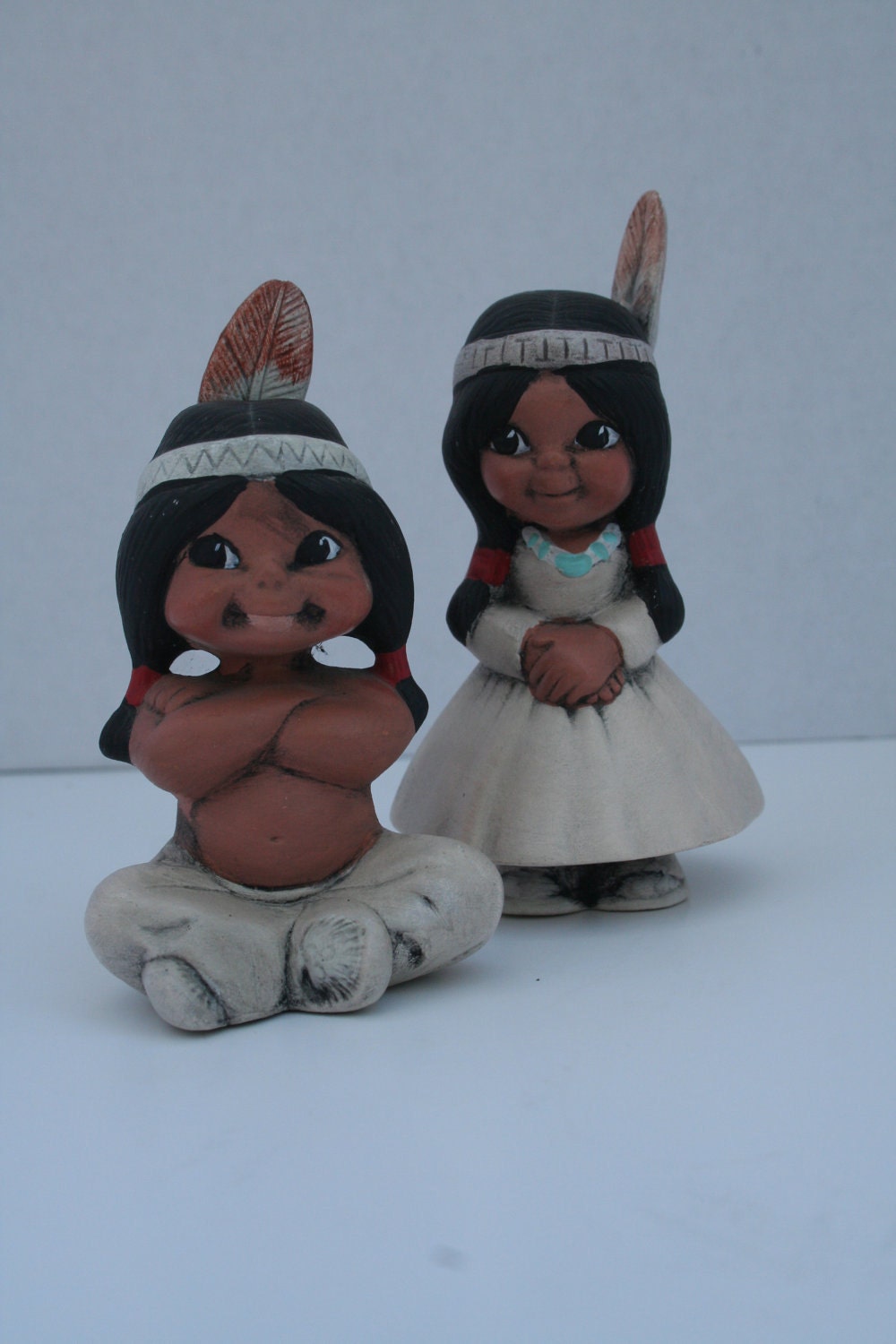 Native American Indian Figurine Set Thanksgiving Vintage Girl Boy Ceramic