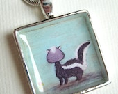 Skunk pendant - silver art necklace, pale blue skunk painting