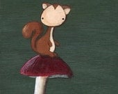 Henry the Squirrel art print - cute squirrel painting on a mushroom, square print