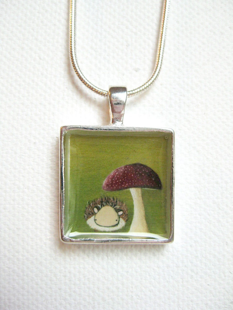 Hedgehog Pendant - green hedgehog art pendant, silver plated necklace