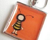Orange Bee Girl pendant - silver plated art necklace, painted by Kris G. Brownlee
