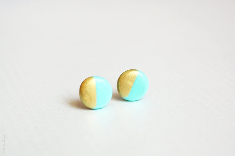 gold dipped mint green disc - geometric studs