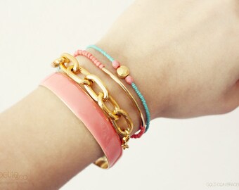 gold coin - beaded friendship bracelet - mint, coral and gold - gift for her under 20