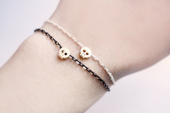 tiny skull bracelet - matt 14kt gold plated skull on BLACK chain
