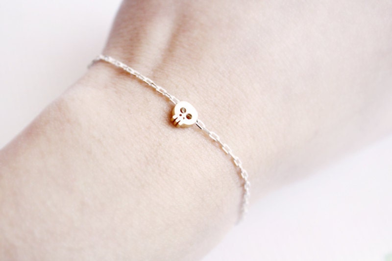 tiny skull bracelet - matt 14k gold plated skull on WHITE and golden chain