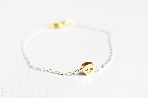 tiny skull bracelet - matt 14k gold plated skull on WHITE and golden chain