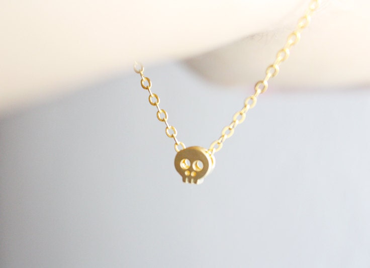 tiny skull bracelet - matt 14k gold plated skull on gold chain