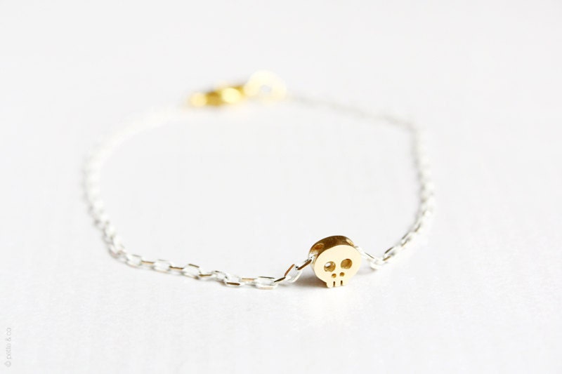 tiny skull bracelet - matt 14k gold plated skull on WHITE and golden chain