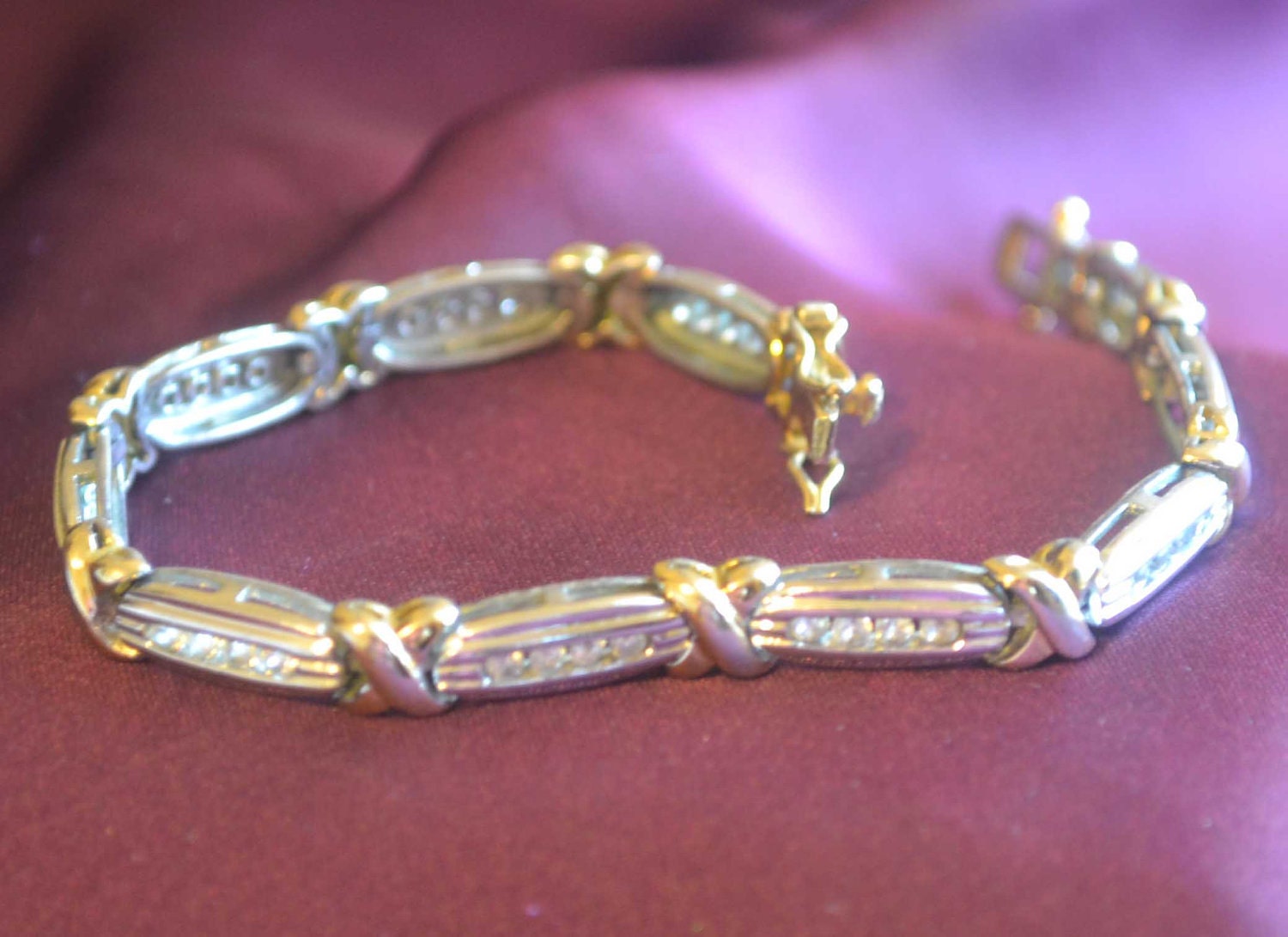 Vintage 925 Sterling Silver and Gold Overlay Channel Set CZ Tennis Bracelet