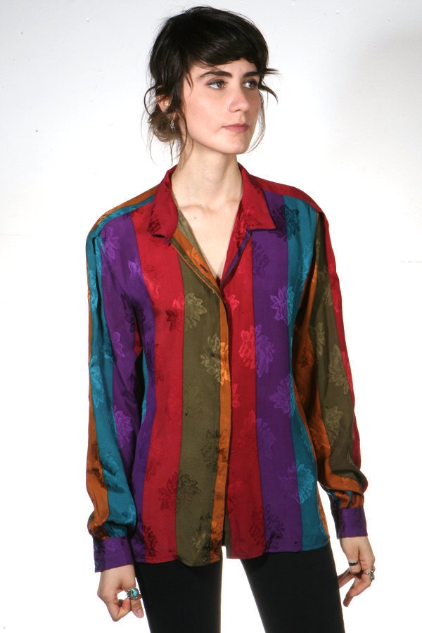COLOR BLOCK vertical striped SILK slouchy blouse top
