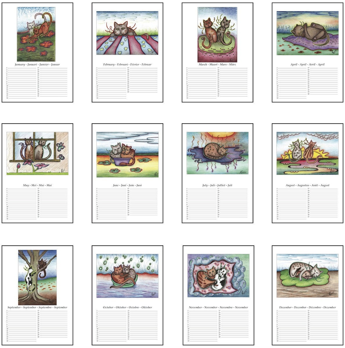 Cat Birthday Calendar - with unique drawings (4 language)