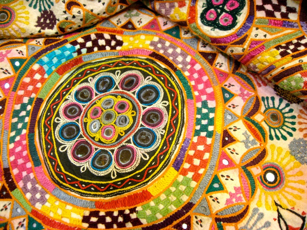 Vintage Indian Tapestry with Mirrors and Colorful Embroidery - Gujarati Bedroom Blessing