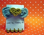 Crochet Bow with Heart Barrette Green and Sky Blue