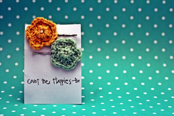 Two Crochet Flower Bobby Pins in Yellow and Aqua