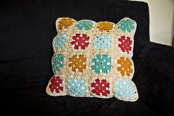 Granny Square Throw Pillow Cover - Gold, Red, Light Aqua and Dark Aqua Plus 16 X 16 Pillow Insert