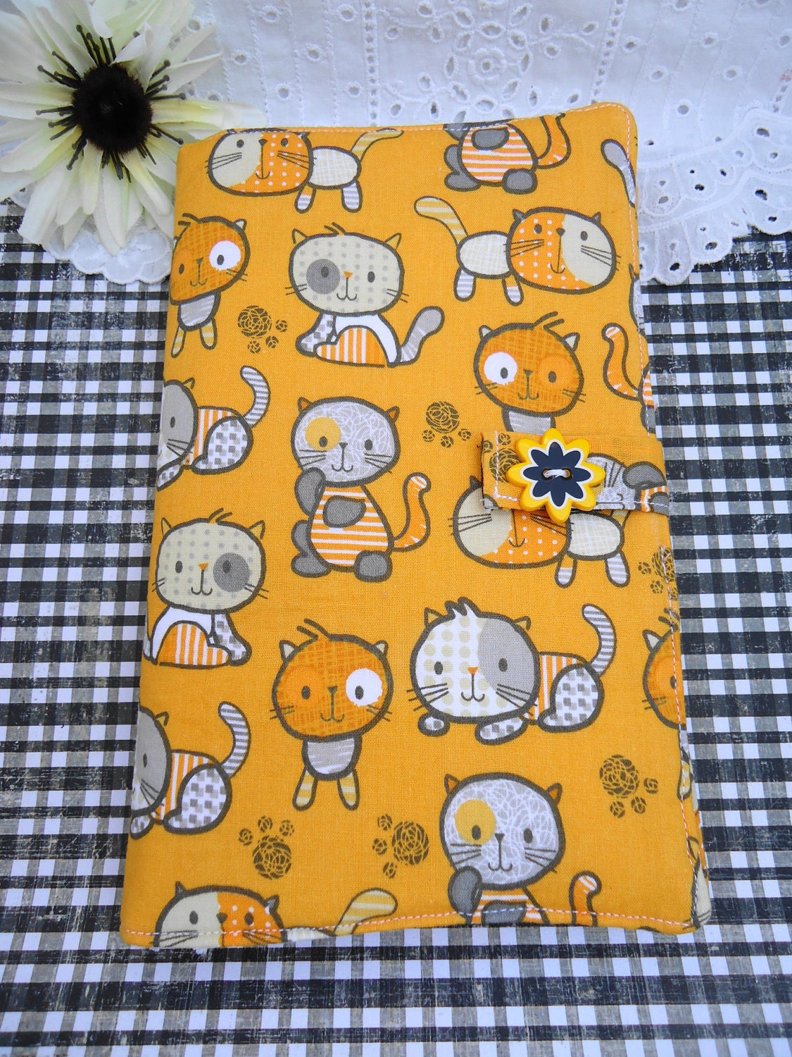 Yellow Cuddly Cats and Kitties Kindle Fire eReader Cover Wrap Handmade Unique Ready to Ship