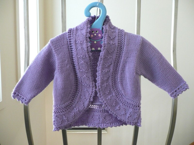 Hand knitted mauve bolero cardigan for baby girl approx. 6 months. Merino wool.