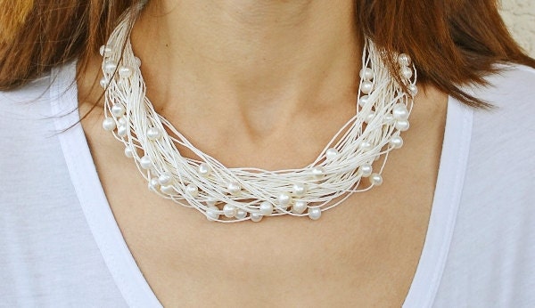 Pearl Wedding Necklace White Linen Necklace Bridal Natural Pearl Jewelry Summer Fashion Bride
